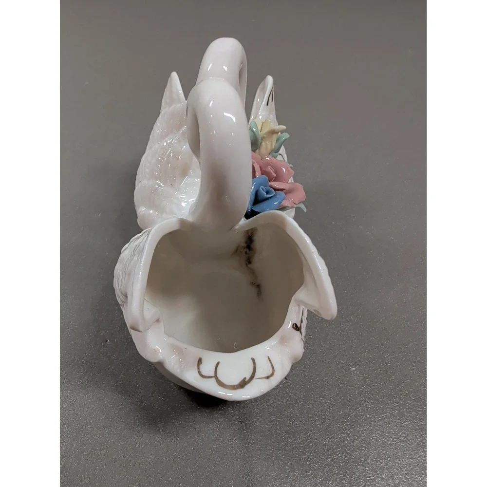 Vintage Porcelain Double Swan Planter White Gold Trim Pastel Roses Trinket Dish